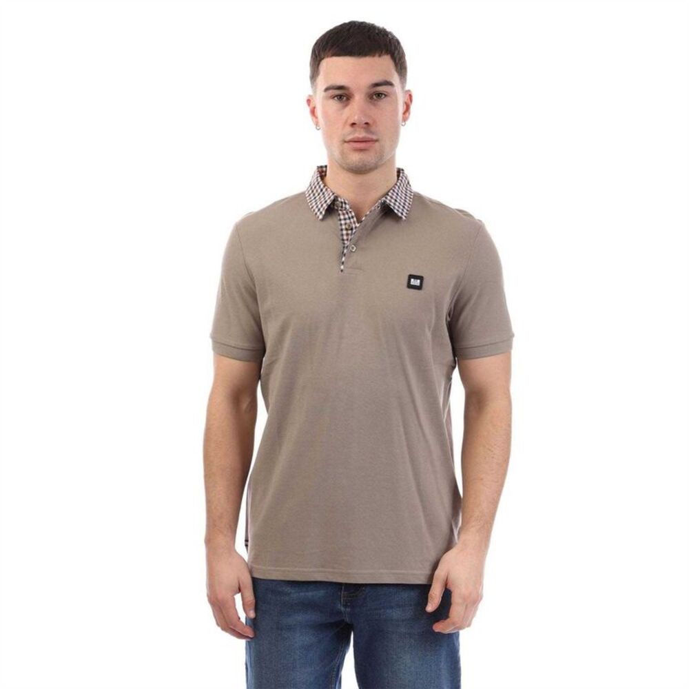 Weekend Offender Mens Checked Collar Cotton Polo Shirt / Stone